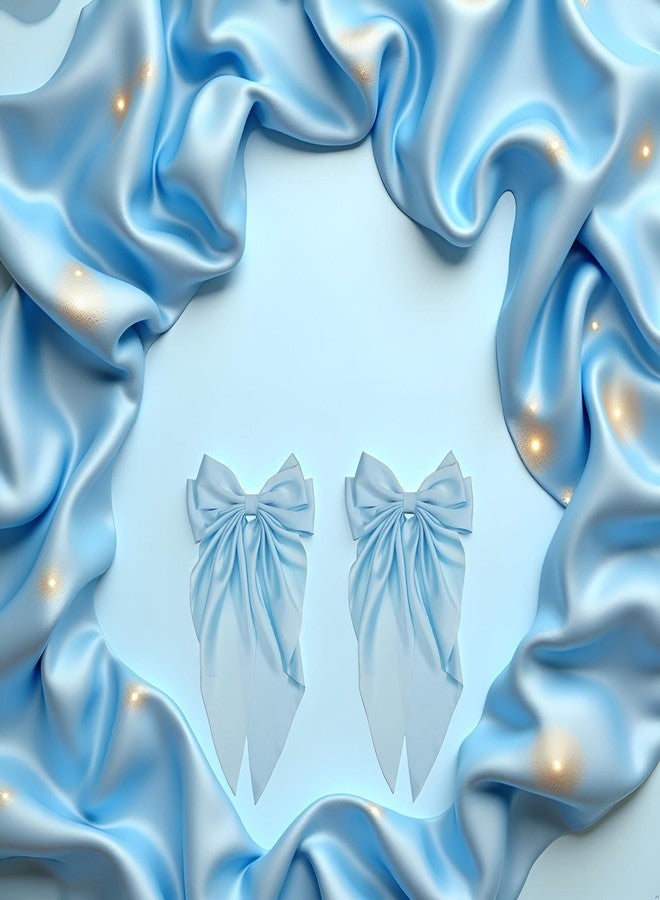 GANPUB 2Pcs Bowknot Barrette, Jumbo Silky Satin Bow Hair Clip with Long Tails for Women and Girls, Large French Metal Hair Slide Clips and Hair Accessories (Light Blue) - Image 2